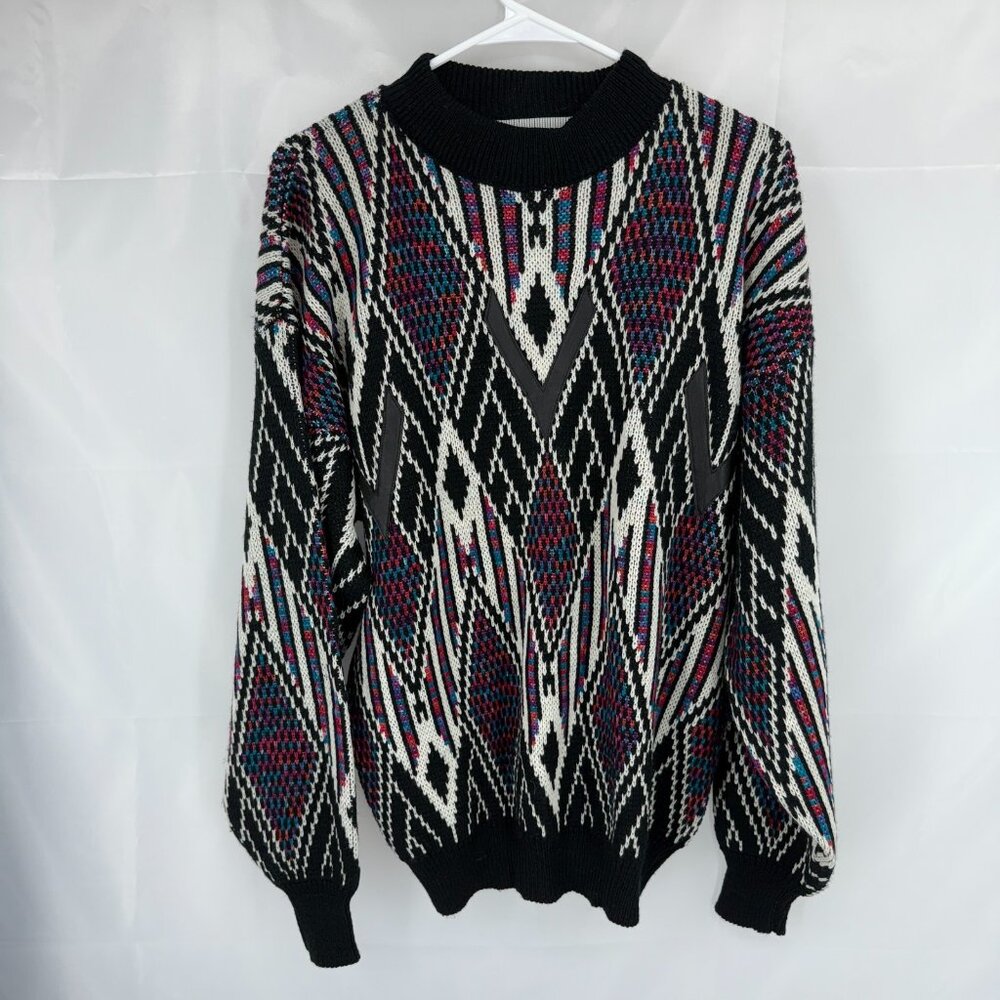 McGregor Men L Sweater Crew Neck Diamond Chevron Abstract Knit Stretch Vintage